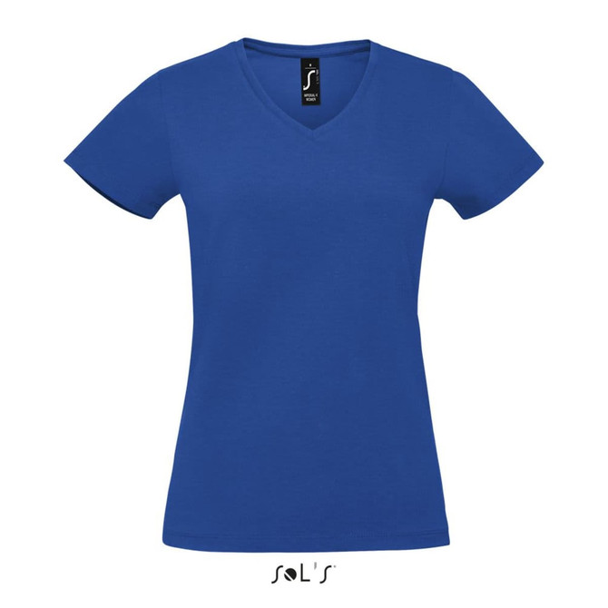 A blue women's V-neck t-shirt made of 100% semi combed ring spun cotton, featuring a logo.