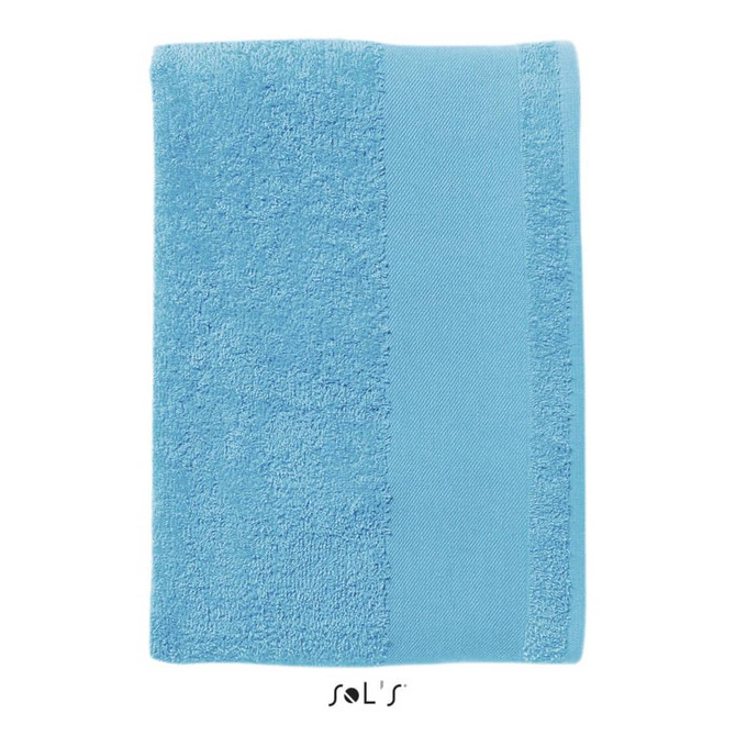 A hand towel in light blue, made of 400gsm cotton, measuring 30cm x 50cm, with a logo present.