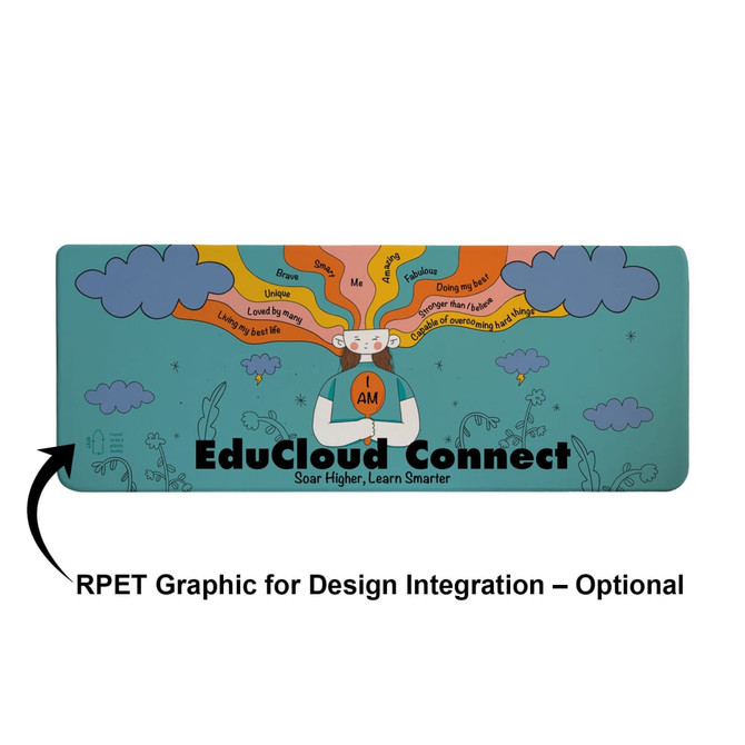 A colorful desk mat featuring clouds, a character with vibrant hair, and a logo. The background is predominantly blue.