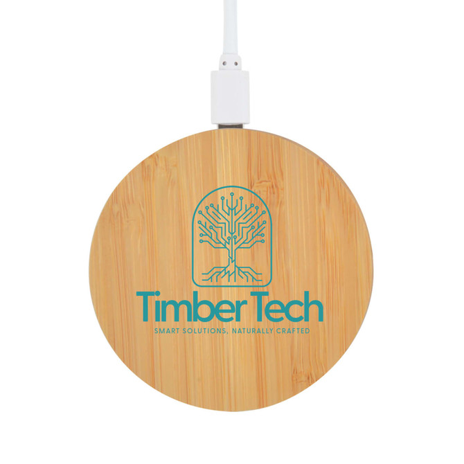 A round bamboo wireless charger in natural wood tones with a logo on the surface. Connected via a white cable.