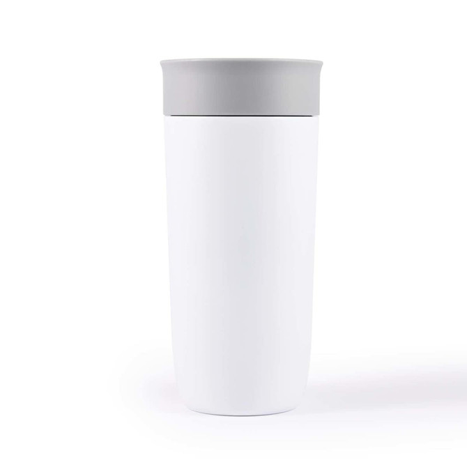 A stainless steel coffee cup with a sleek white body and a grey lid.