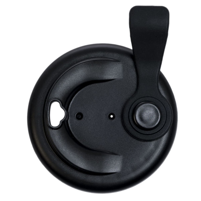 A black snap lid for a reusable coffee cup, featuring a button and a small opening for drinking.