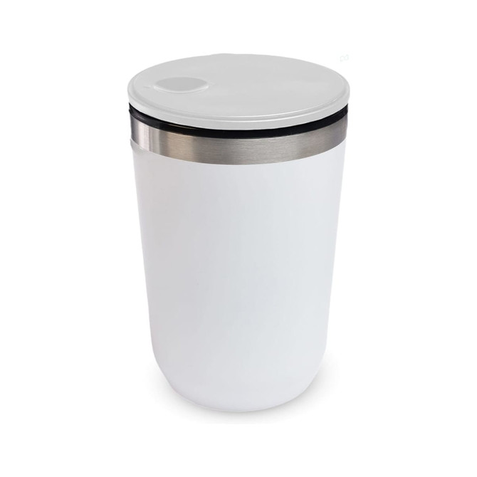 A white reusable coffee cup with a stainless steel band and a lid, featuring a sleek and modern design.