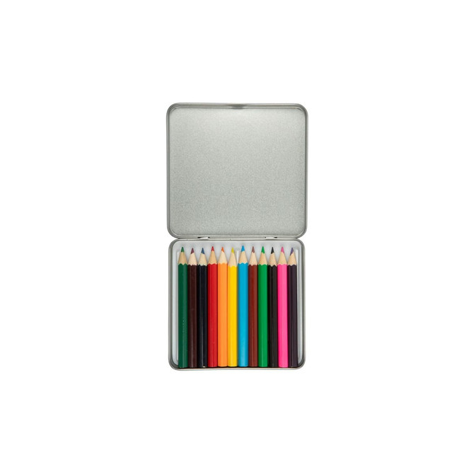 A tin containing 12 coloured pencils in various colors, neatly arranged and ready for use.