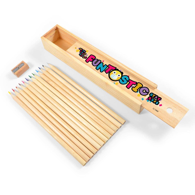 A wooden box containing a set of ten colored pencils in various colors, along with a sharpener.