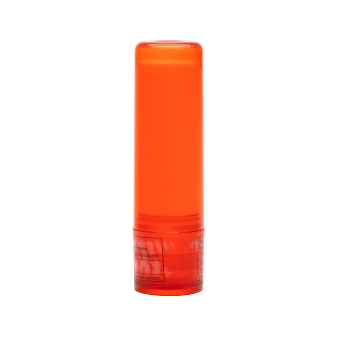 A lip balm stick in a bright orange tube, designed for health and personal care.