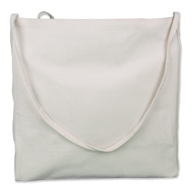 A tote bag in cream with a gradient green bottom and a shoulder strap, featuring a logo.