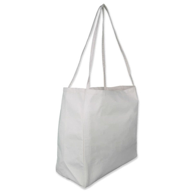 A Lively Tote Bag, designed with a simple and spacious white canvas exterior and long straps for easy carrying.
