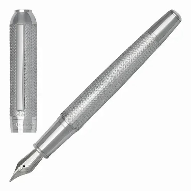 A metallic silver rollerball pen with a textured design and a detachable cap, featuring a logo on the barrel.