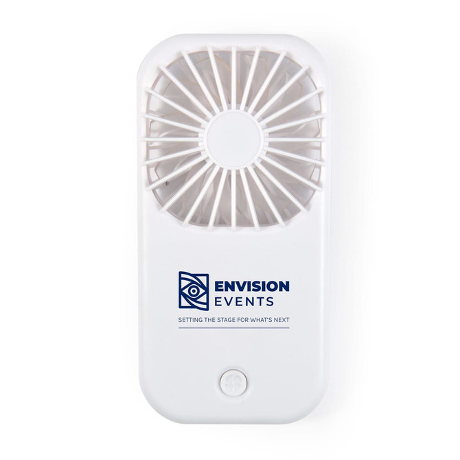 A white portable fan with a branded logo, featuring a circular grille design for airflow.
