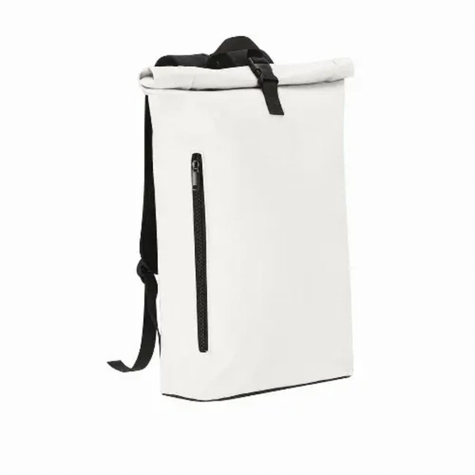 A white backpack with a roll-top design, featuring a side zip pocket and black straps. It has a branding logo.
