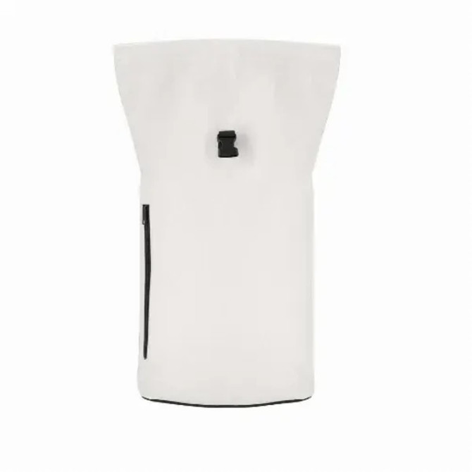 A white backpack with a top closure and a side zip pocket, featuring a branding logo.