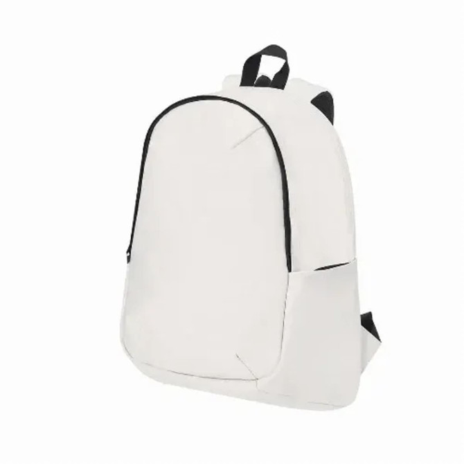 A white backpack with black accents, featuring adjustable straps and side pockets. It has a logo on it.