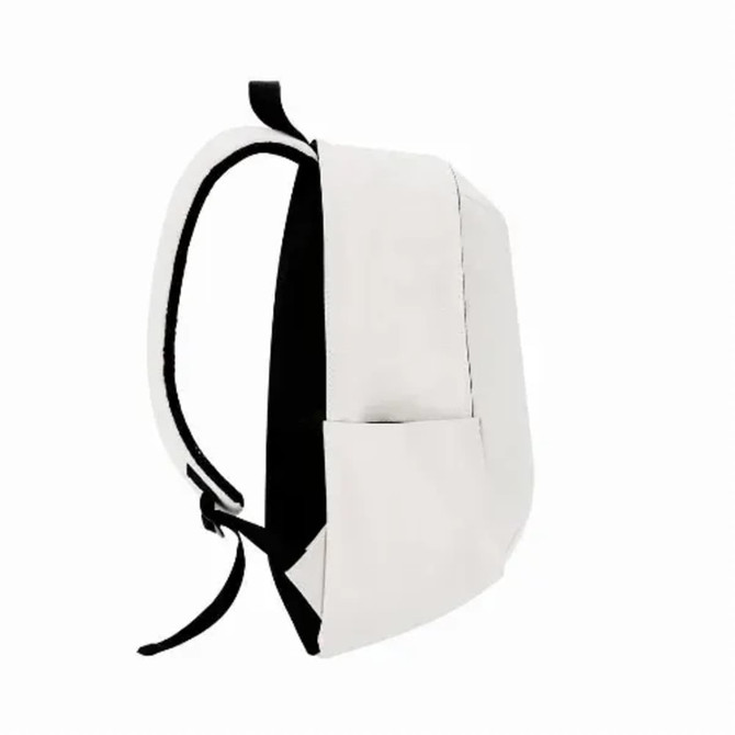 A white and black backpack with a sleek design, featuring adjustable straps and a front pocket.