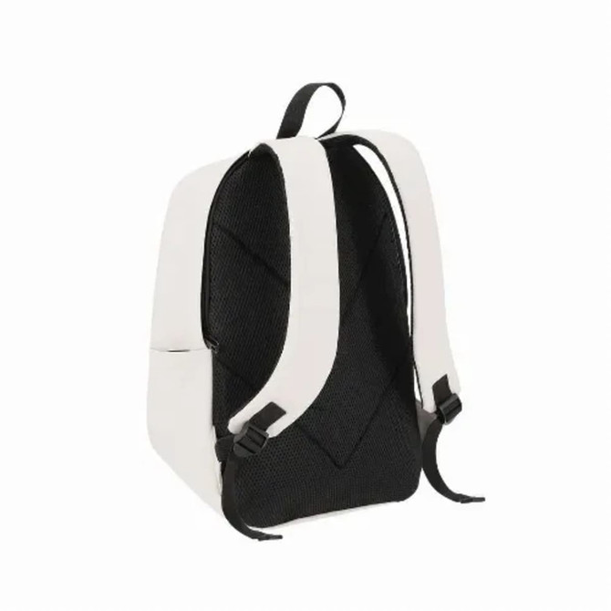 A black and white backpack with adjustable straps and a textured body, featuring a logo on the side.
