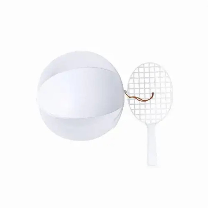 A white paddle ball set featuring a ball and a paddle with a grid pattern. The paddle has a transparent handle.