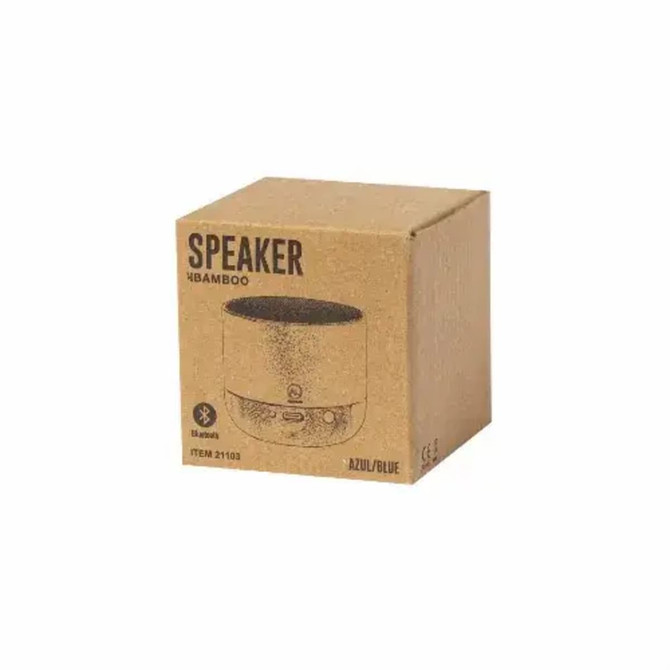 A speaker made of recycled aluminium and bamboo in a blue and silver colour, packaged in a brown box with branding.