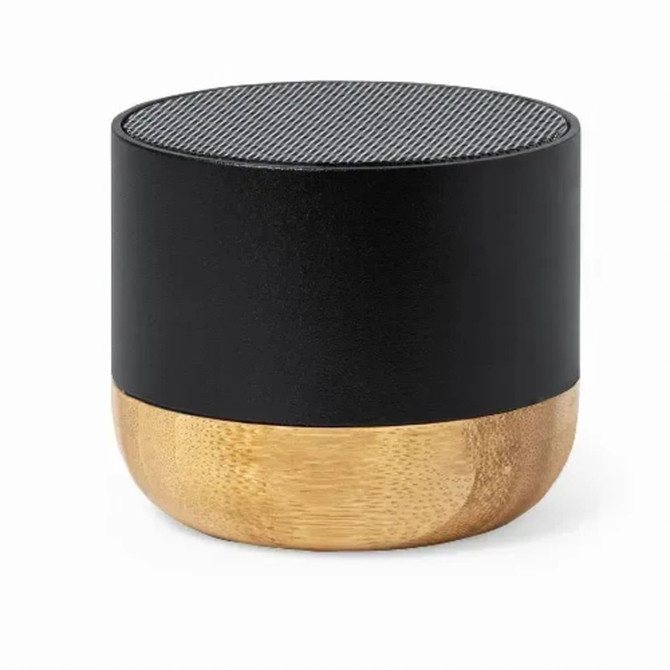 A speaker made of recycled aluminium and bamboo, featuring a black top and a natural bamboo base.