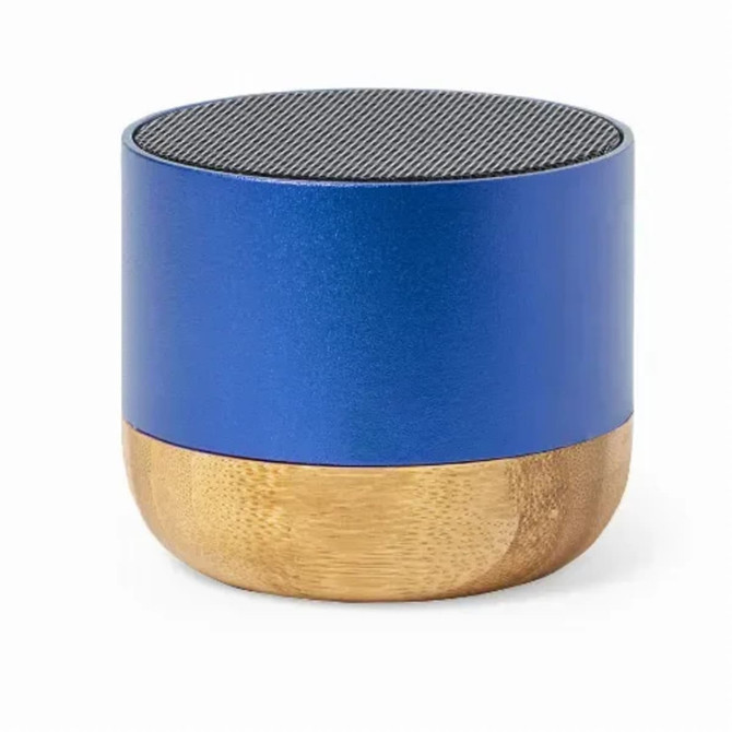 A speaker made of recycled aluminium in blue with a bamboo base, featuring a mesh top for sound output.