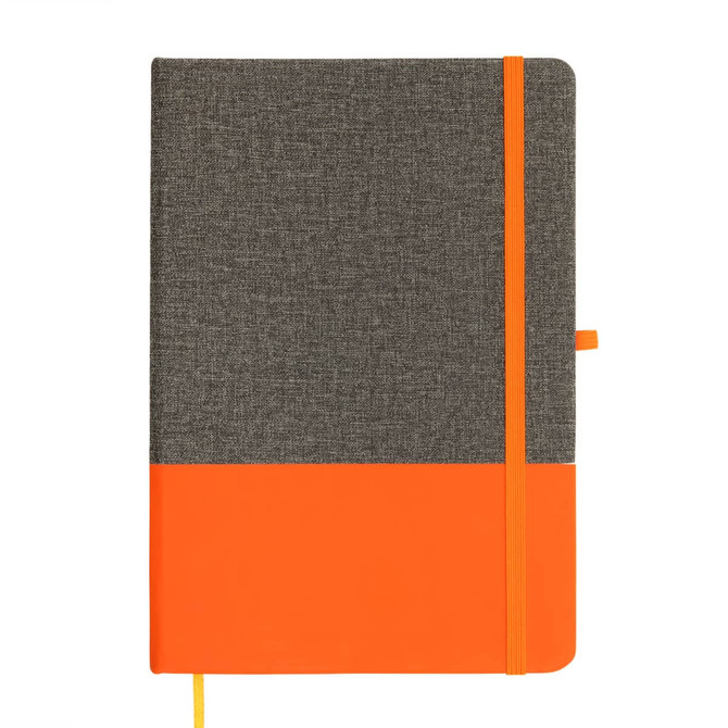 A Venture Bondi A5 Notebook featuring a textured gray cover with an orange bottom half and matching elastic closure.