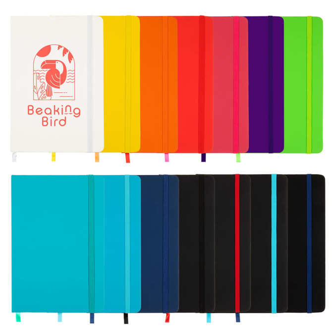 A collection of colourful A5 notebooks in various shades, featuring a logo on one. Colours include orange, purple, and blue.