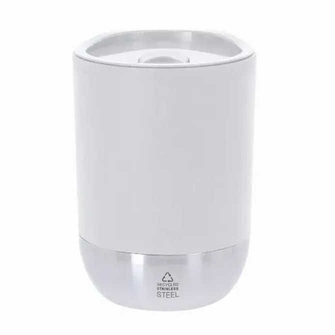An insulated cup in white with a silver base and a lid, featuring a logo on the front.
