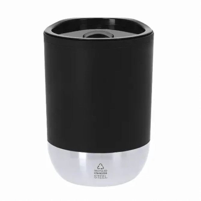 An insulated cup featuring a black upper half and a silver stainless steel base, with a built-in lid opening.