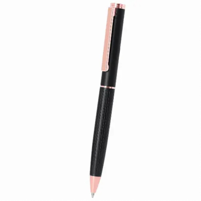 A metal pen set in black with rose gold accents, featuring a logo on the barrel.
