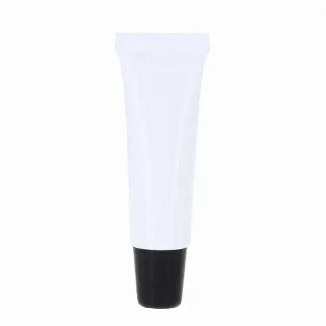 A lip balm tube featuring a white body and black base with a branding logo.