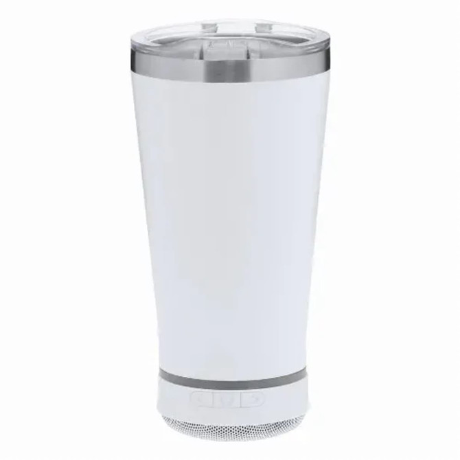 An insulated cup speaker in white with a silver rim and base, featuring a logo on its surface.