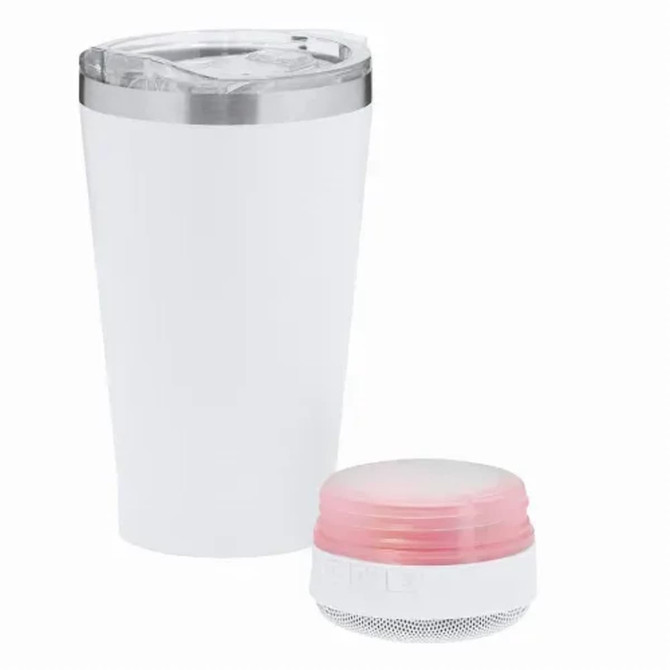 An insulated white drink bottle with a silver lid, accompanied by a pink compact speaker.