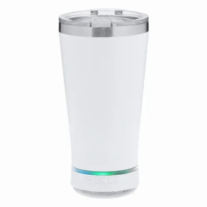A drink bottle speaker in white with a silver top and base, featuring a built-in speaker and a small logo.