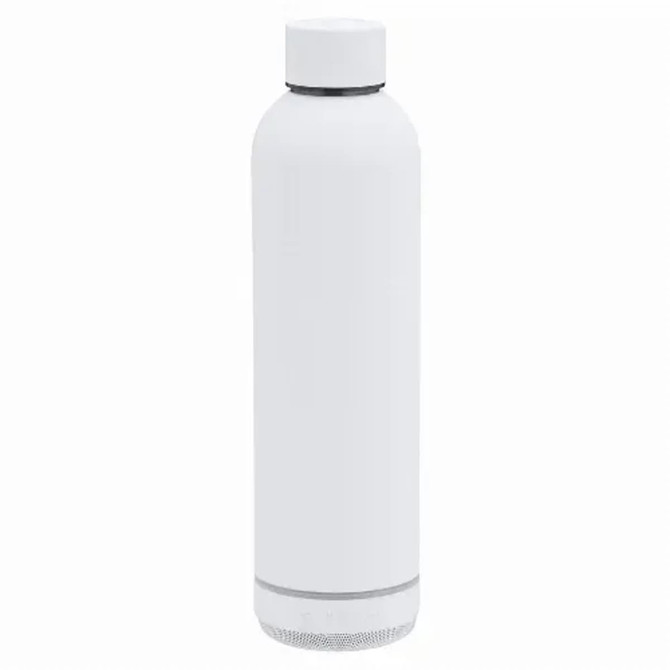 A drink bottle in white, featuring a built-in speaker at the bottom. The bottle has a smooth design and a branding logo.