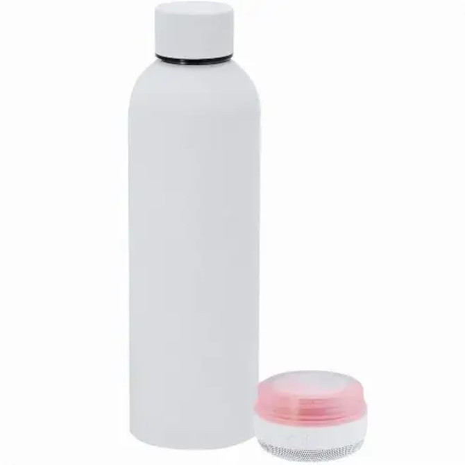 A drink bottle in white alongside a small speaker with a pink and silver design, featuring a logo.