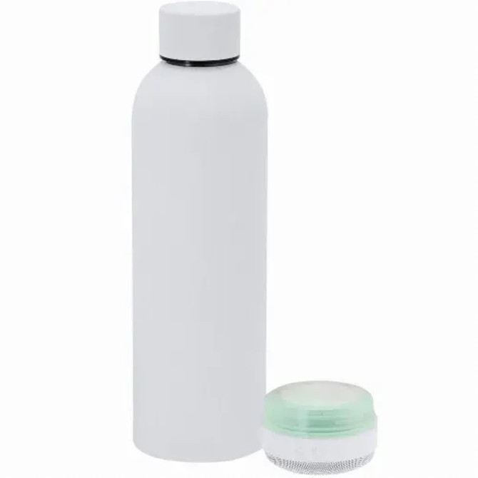 A white insulated drink bottle alongside a compact speaker. The bottle has a sleek design and features a logo.