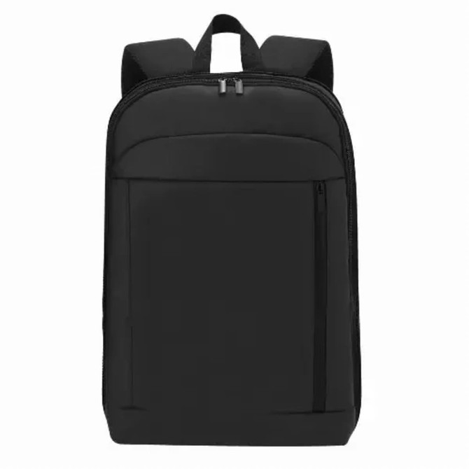 A black backpack featuring a zippered front pocket and two adjustable shoulder straps. It has a sleek design and minimal branding.