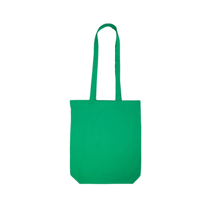 A green cotton long handle bag is presented. The bag features sturdy handles and a simple, solid color design.