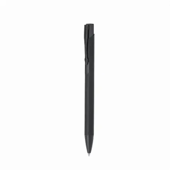 A black aluminium pen with a clip, featuring a sleek design. The pen has a branding logo.