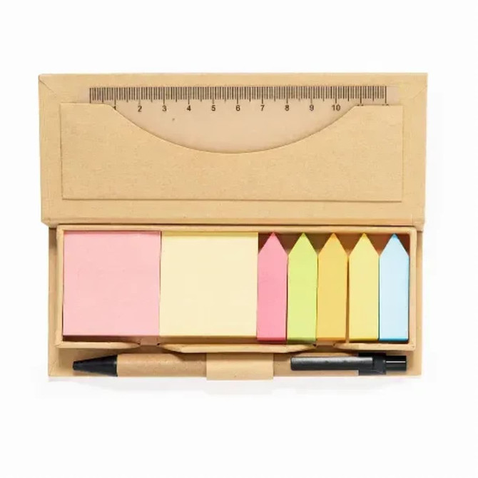 A stationery set in a brown holder featuring sticky notes in assorted pastel colours and a black pen.