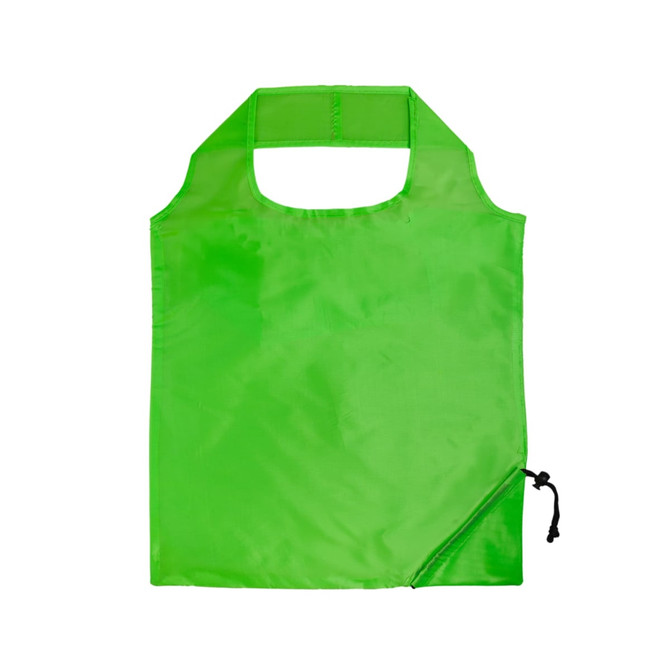 A green folding shopping bag with a handle and a drawstring closure, featuring a logo.
