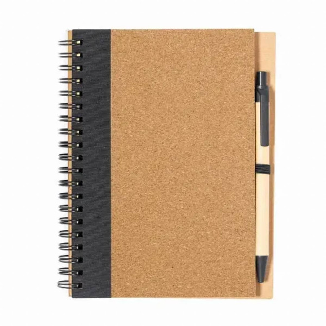A cork-covered notebook with a black side and a black pen attached, featuring a spiral binding.