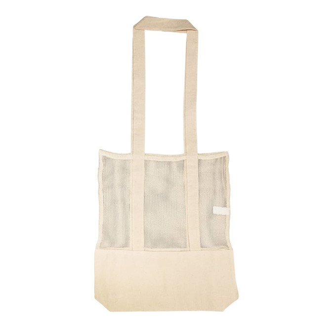 A beige tote bag with mesh panels and two long handles. It features a branding logo.