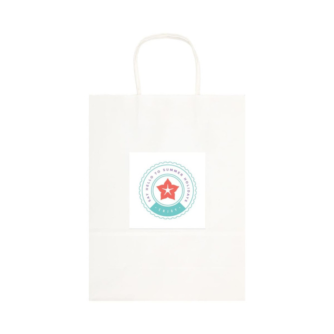 A large white paper bag with a handle and a circular logo featuring a star design.