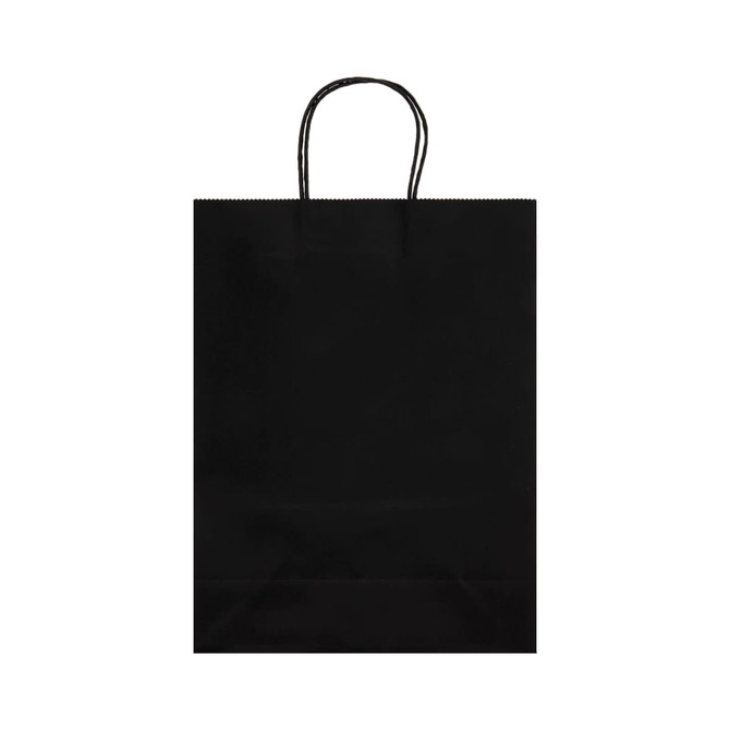 A large black paper bag with handles, featuring a simple design and a logo.