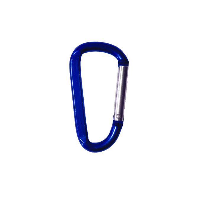 A blue 6cm carabiner with a silver metal section, featuring a logo on one side. Suitable for keyrings and tools.