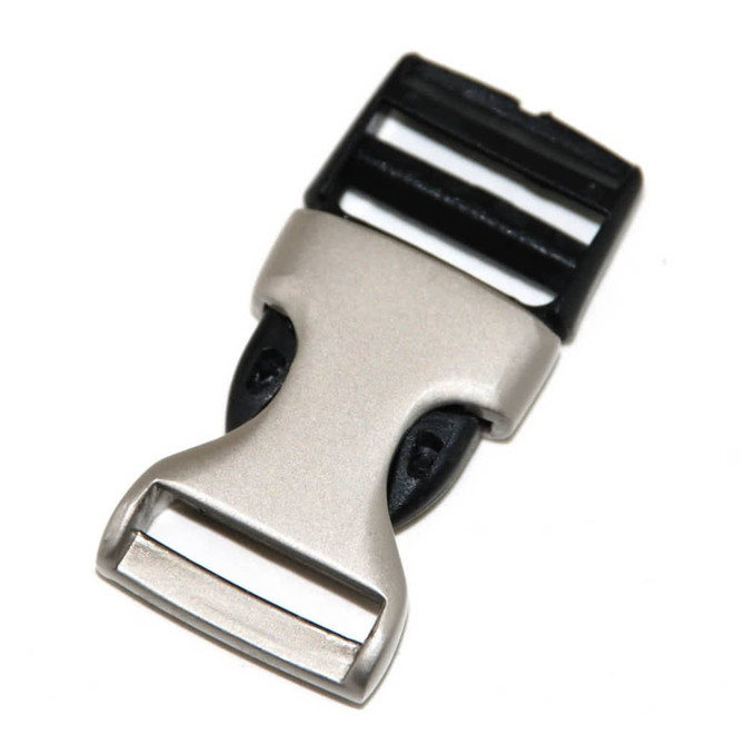 A matte silver swivel connector with black components, featuring a sleek design and a central slot.