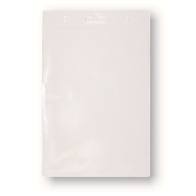 A clear, flat PVC card holder with a top opening and a hanging hole.