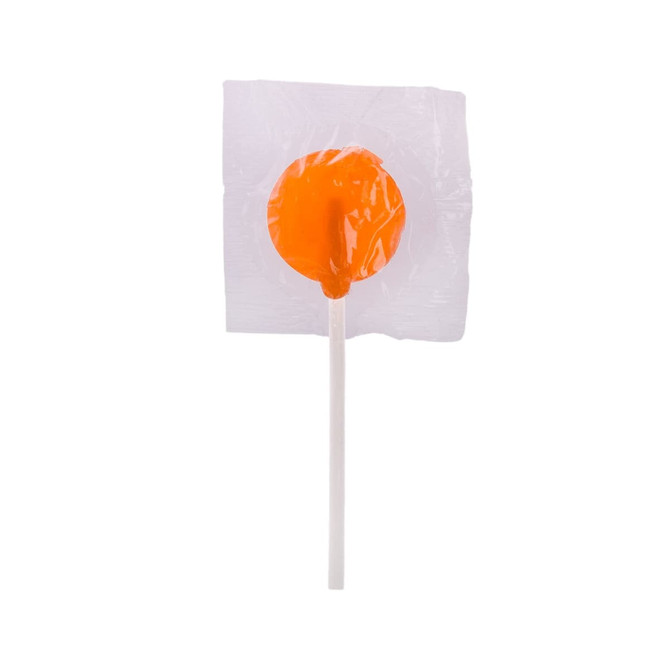 An orange lollipop wrapped in clear plastic, with a white stick.