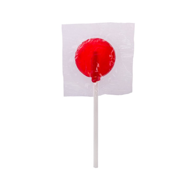 A red lollipop on a white stick, individually wrapped in clear plastic.