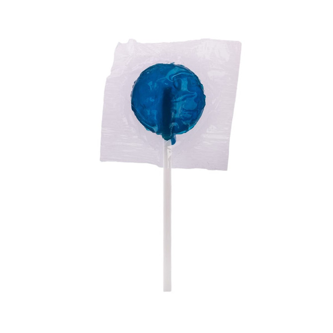 An assorted colour lollipop with a blue candy sphere and a white stick.